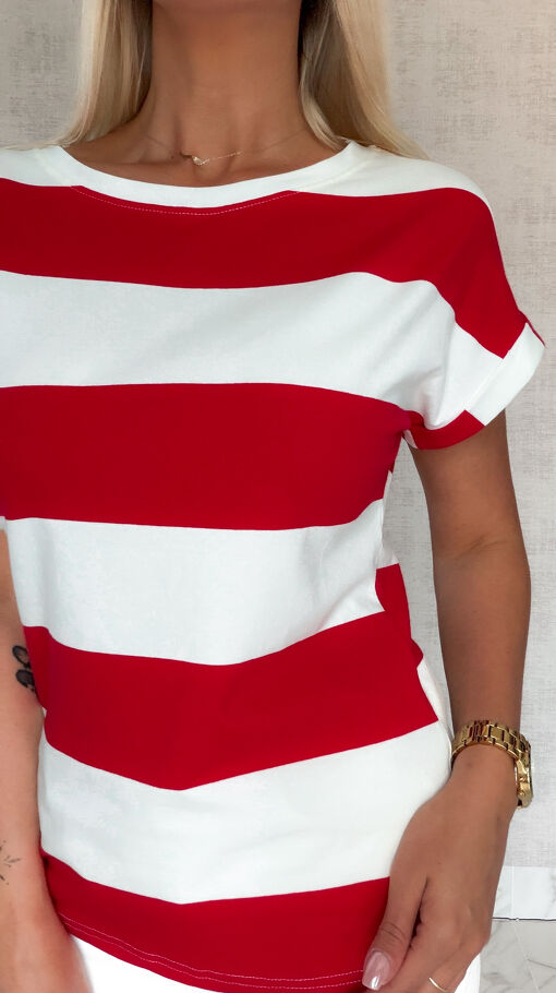 Bawełniana bluzka T-SHIRT w czerwone pasy ONE SIZE - S088