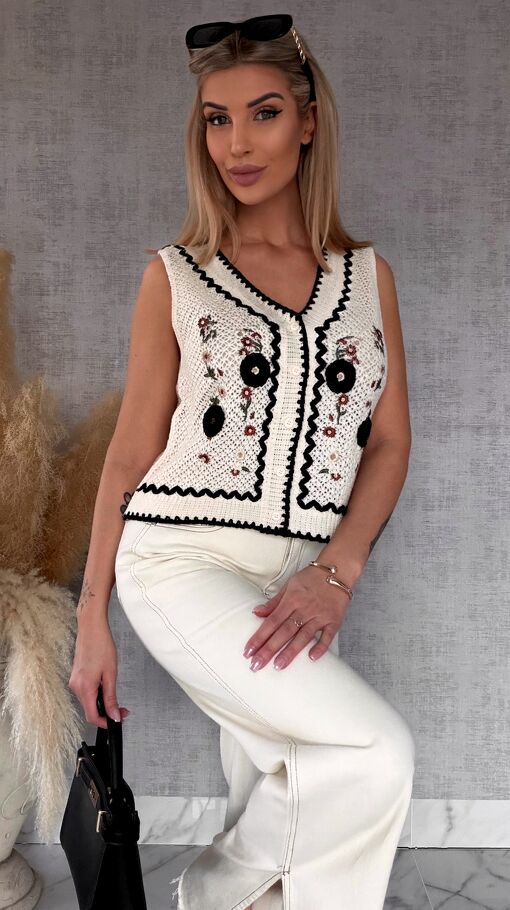 Ażurowa szydełkowa kamizelka zapinana na guziki ONE SIZE haftowana - R748