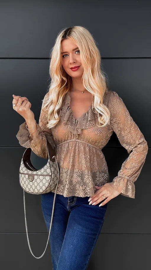 Koronkowa bluzka w kolorze fango ONE SIZE - R104