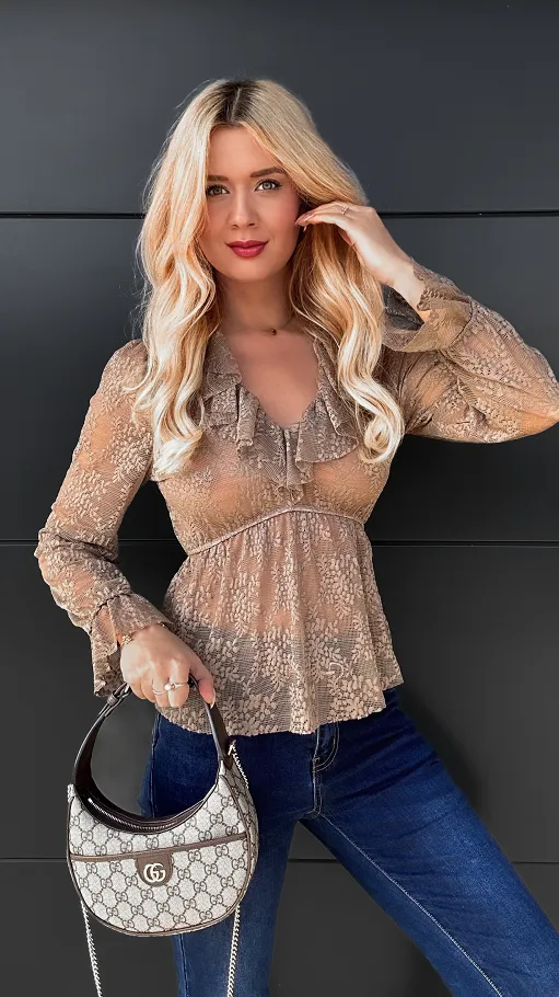 Koronkowa bluzka w kolorze fango ONE SIZE - R104