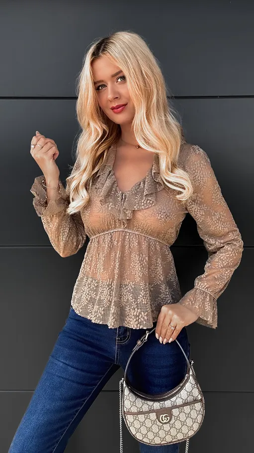 Koronkowa bluzka w kolorze fango ONE SIZE - R104