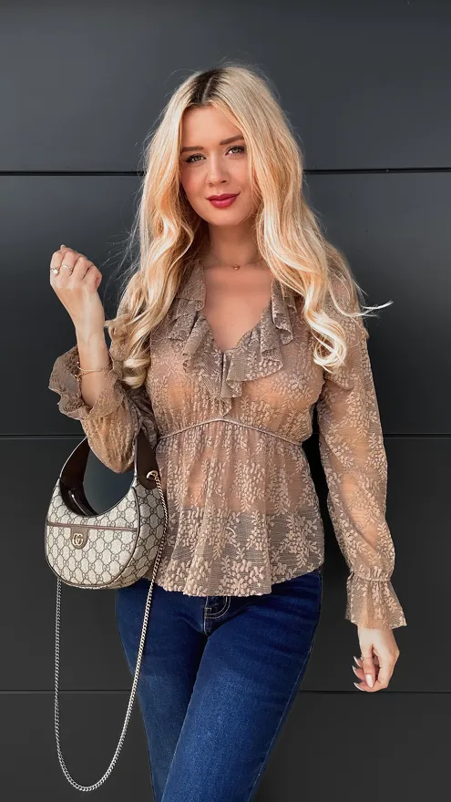 Koronkowa bluzka w kolorze fango ONE SIZE - R104