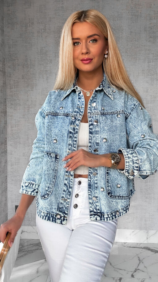 Jeansowa kurtka w haftowane mini kwiatuszki ONE SIZE - P204