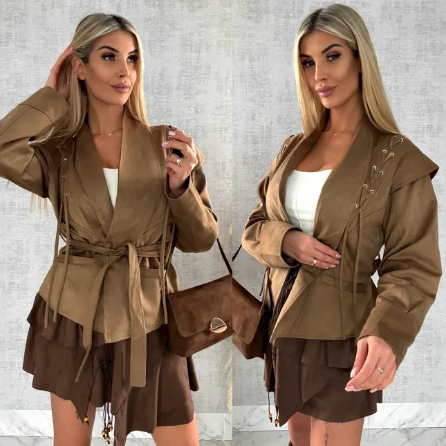 Kurtka przejściowa eko zamsz z wiązaniami ONE SIZE camel - R475
