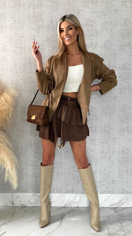 Kurtka przejściowa eko zamsz z wiązaniami ONE SIZE camel - R475