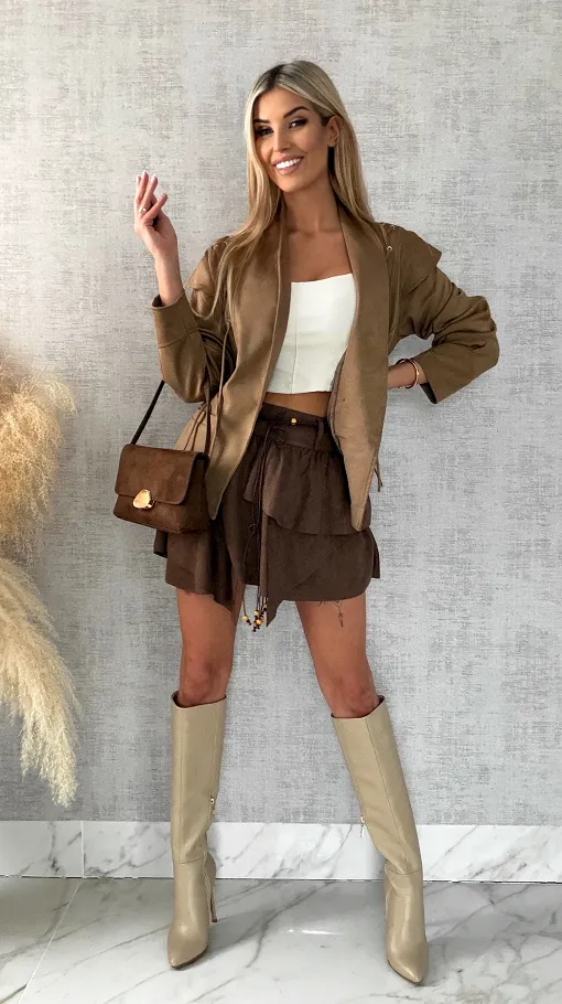 Kurtka przejściowa eko zamsz z wiązaniami ONE SIZE camel - R475