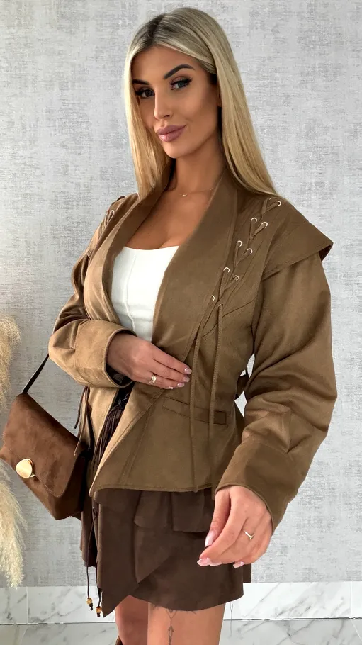 Kurtka przejściowa eko zamsz z wiązaniami ONE SIZE camel - R475