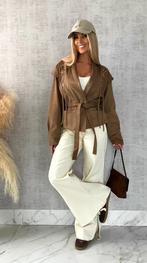 Kurtka przejściowa eko zamsz z wiązaniami ONE SIZE camel - R475