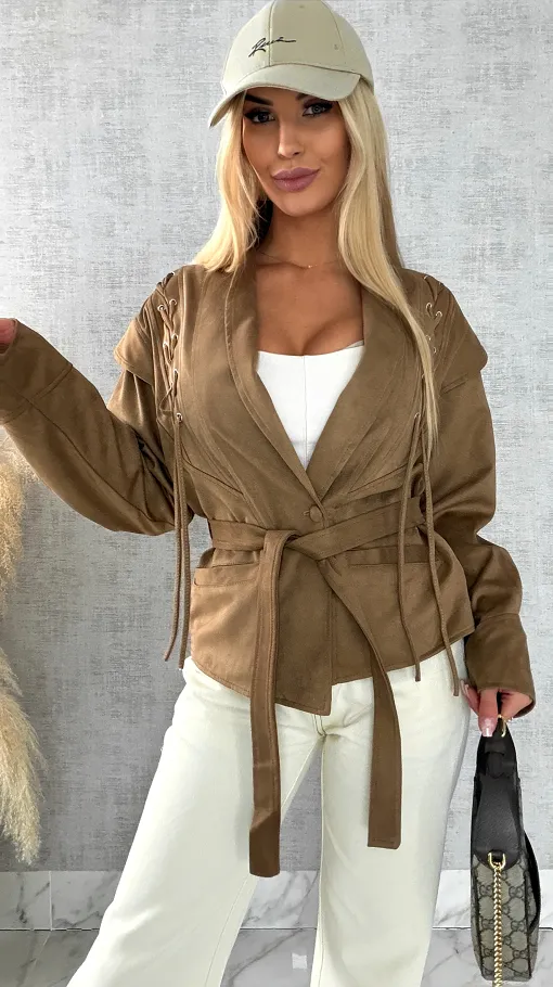 Kurtka przejściowa eko zamsz z wiązaniami ONE SIZE camel - R475