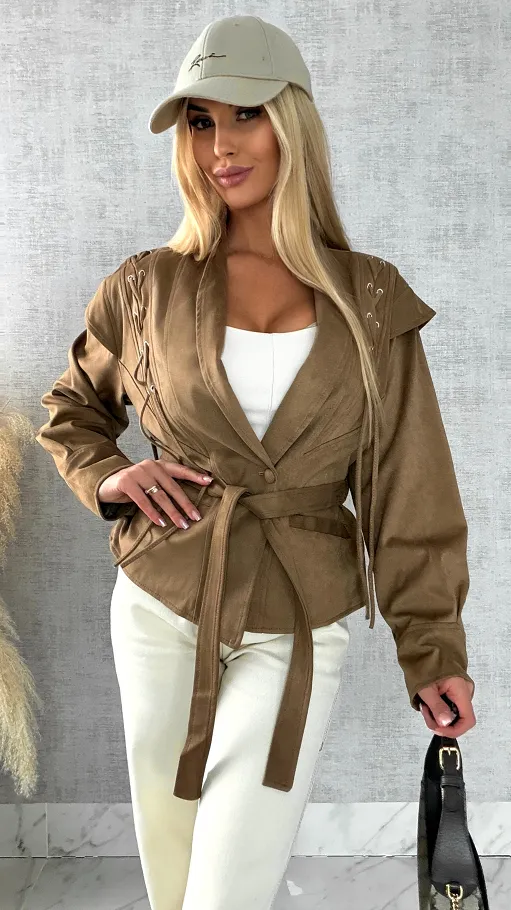 Kurtka przejściowa eko zamsz z wiązaniami ONE SIZE camel - R475
