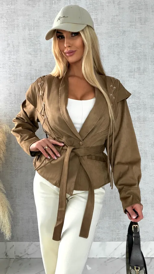 Kurtka przejściowa eko zamsz z wiązaniami ONE SIZE camel - R475