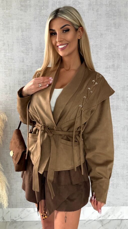 Kurtka przejściowa eko zamsz z wiązaniami ONE SIZE camel - R475
