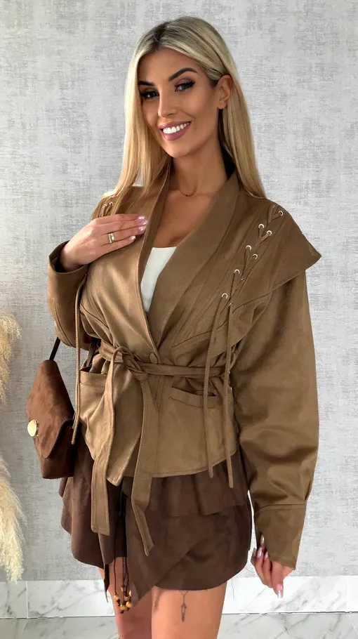 Kurtka przejściowa eko zamsz z wiązaniami ONE SIZE camel - R475
