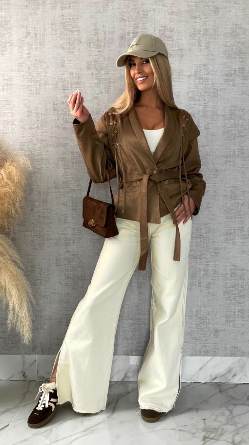 Kurtka przejściowa eko zamsz z wiązaniami ONE SIZE camel - R475