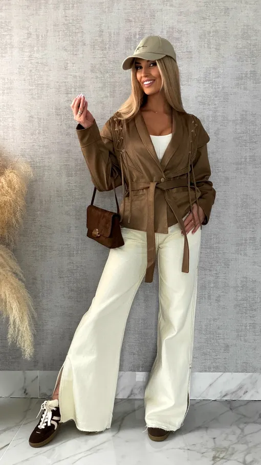 Kurtka przejściowa eko zamsz z wiązaniami ONE SIZE camel - R475