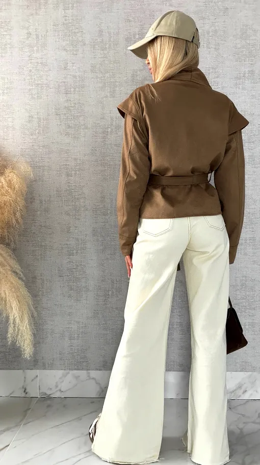 Kurtka przejściowa eko zamsz z wiązaniami ONE SIZE camel - R475