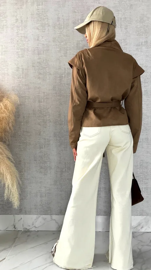 Kurtka przejściowa eko zamsz z wiązaniami ONE SIZE camel - R475