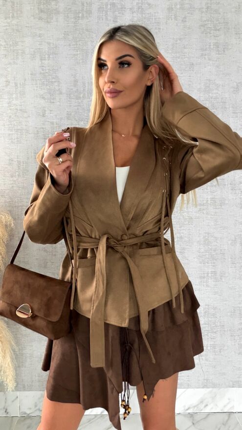 Kurtka przejściowa eko zamsz z wiązaniami ONE SIZE camel - R475