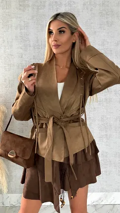 Kurtka przejściowa eko zamsz z wiązaniami ONE SIZE camel - R475