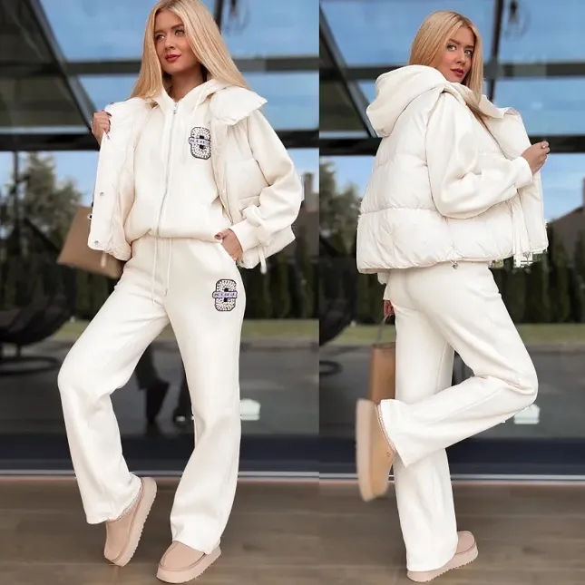 Ecru ocieplany komplet 3 częściowy z bawełny ONE SIZE - R097A