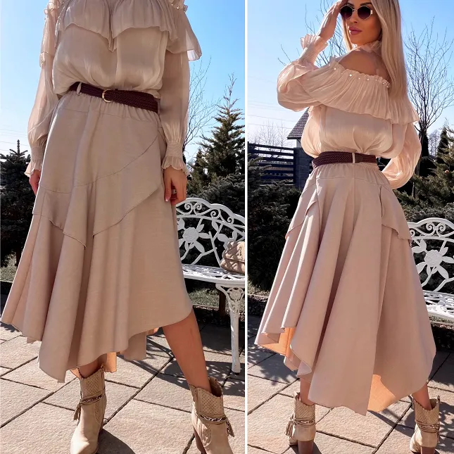 Elegancka asymetryczna spódnica z paskiem ONE SIZE beżowa - R534