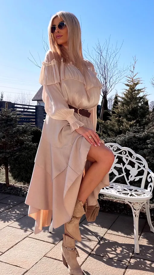 Elegancka asymetryczna spódnica z paskiem ONE SIZE beżowa - R534