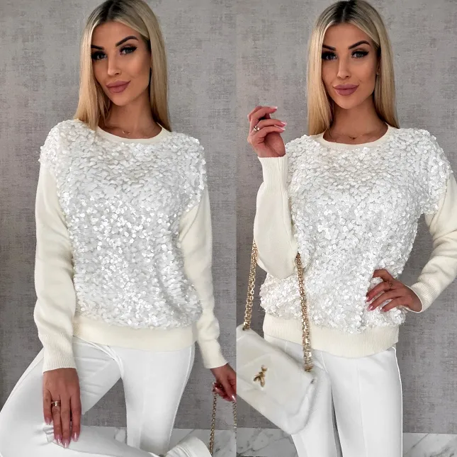 Wiosenny sweter z wiskozy zdobiony cekinami ONE SIZE ecru - R580