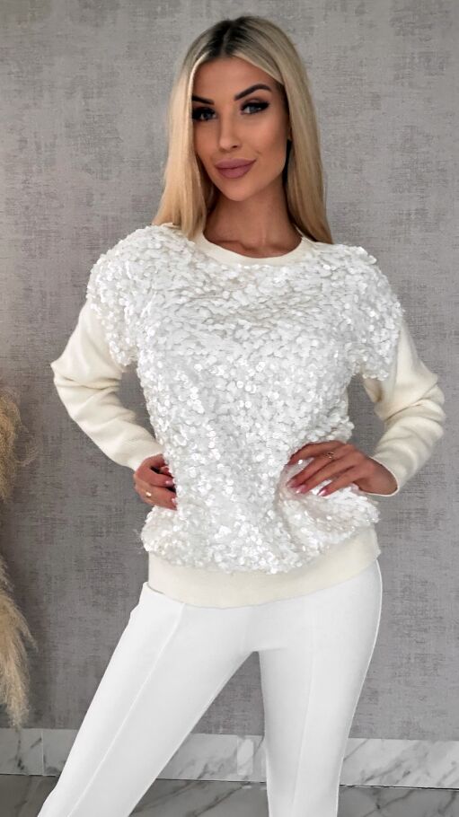Wiosenny sweter z wiskozy zdobiony cekinami ONE SIZE ecru - R580