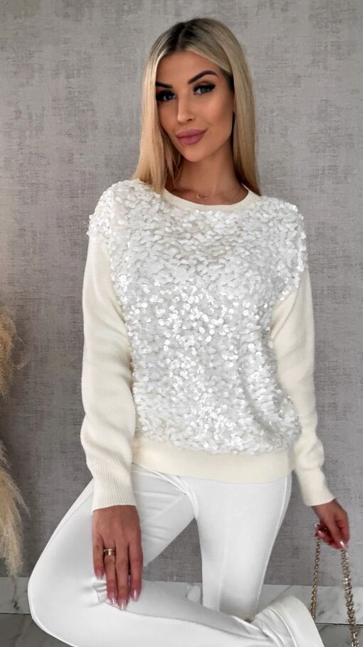Wiosenny sweter z wiskozy zdobiony cekinami ONE SIZE ecru - R580