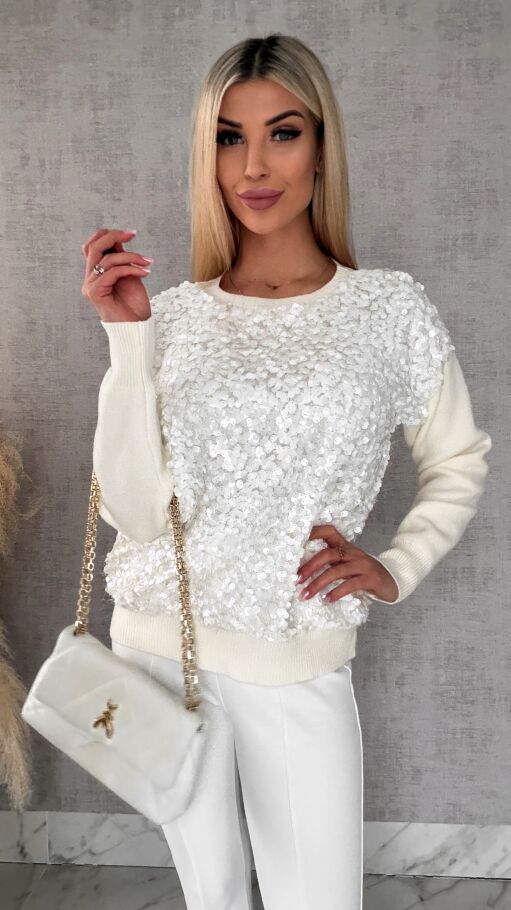 Wiosenny sweter z wiskozy zdobiony cekinami ONE SIZE ecru - R580