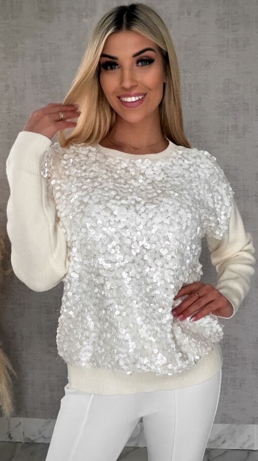 Wiosenny sweter z wiskozy zdobiony cekinami ONE SIZE ecru - R580
