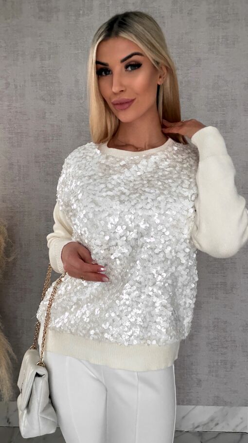 Wiosenny sweter z wiskozy zdobiony cekinami ONE SIZE ecru - R580