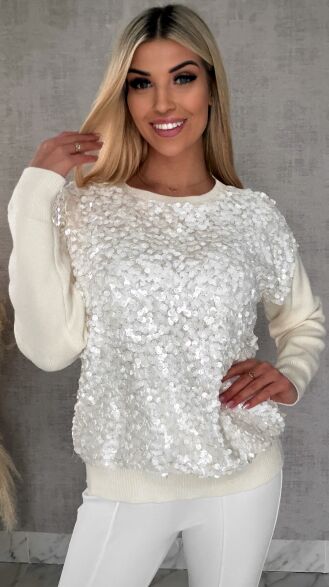Wiosenny sweter z wiskozy zdobiony cekinami ONE SIZE ecru - R580