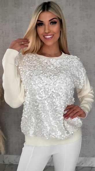 Wiosenny sweter z wiskozy zdobiony cekinami ONE SIZE ecru - R580
