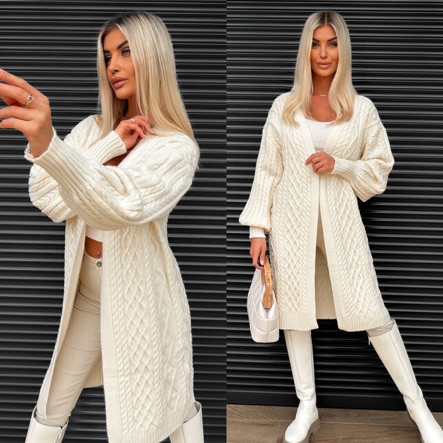 Klasyczny jesienny kardigan ECRU w warkocz ONE SIZE - S360