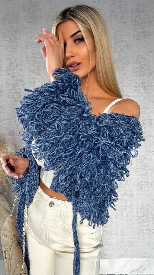 Modowy wiązany sweter MOP kolor blue jeans ONE SIZE - R569