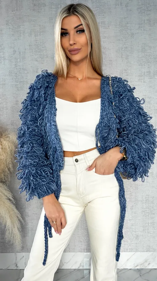 Modowy wiązany sweter MOP kolor blue jeans ONE SIZE - R569