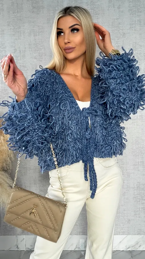 Modowy wiązany sweter MOP kolor blue jeans ONE SIZE - R569