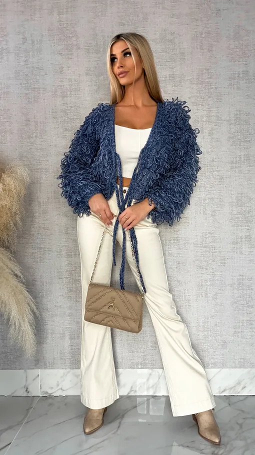 Modowy wiązany sweter MOP kolor blue jeans ONE SIZE - R569