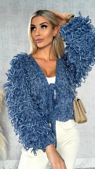 Modowy wiązany sweter MOP kolor blue jeans ONE SIZE - R569