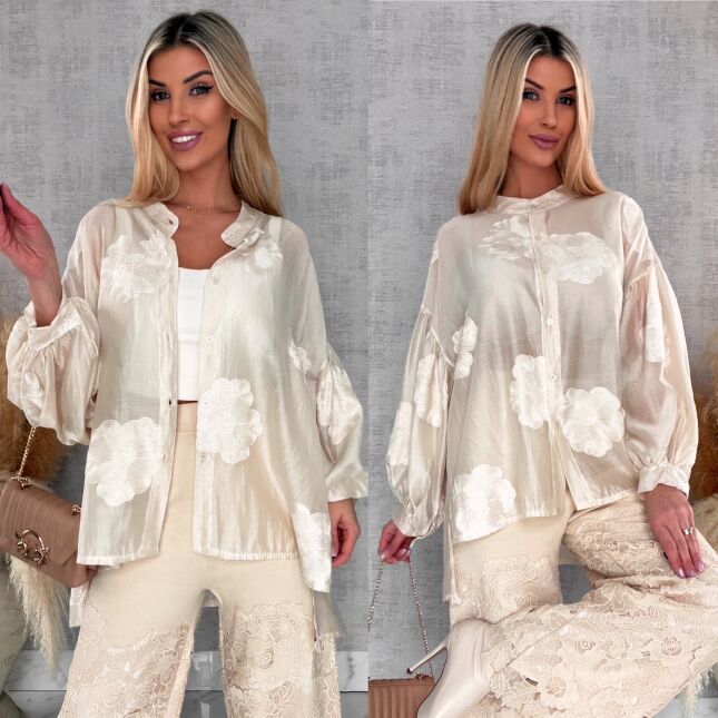 Elegancka koszula mgiełka w haftowane kwiaty ONE SIZE - R586