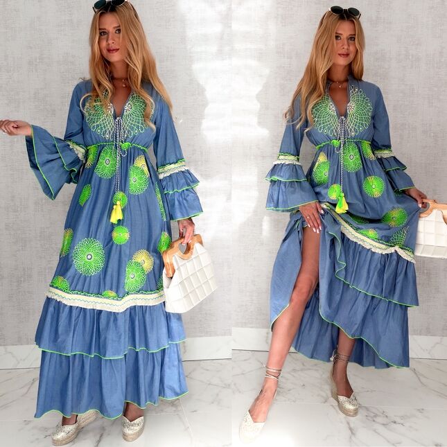 MAXI sukienka w stylu boho z zielonymi haftami 100% bawełna - S167A