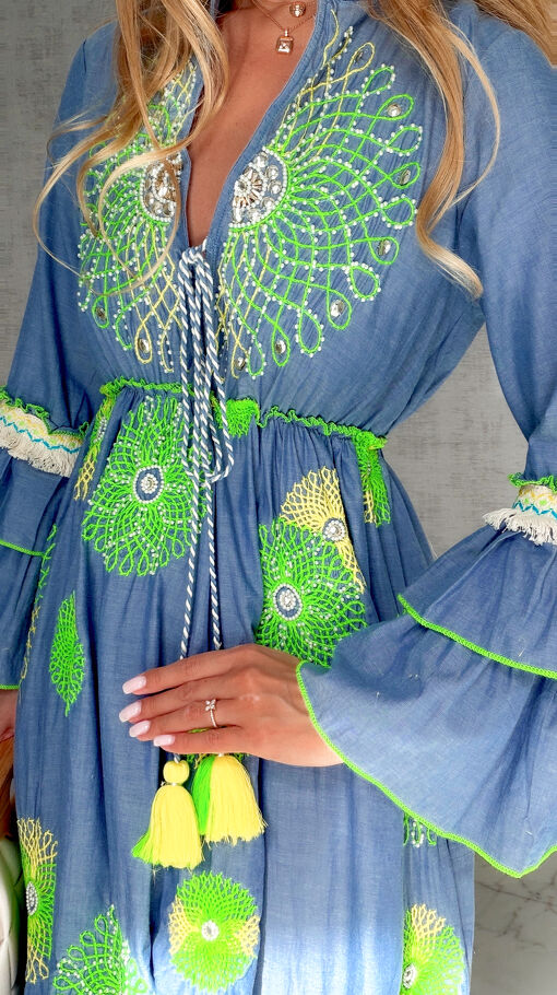 MAXI sukienka w stylu boho z zielonymi haftami 100% bawełna - S167A