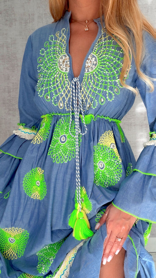 MAXI sukienka w stylu boho z zielonymi haftami 100% bawełna - S167A