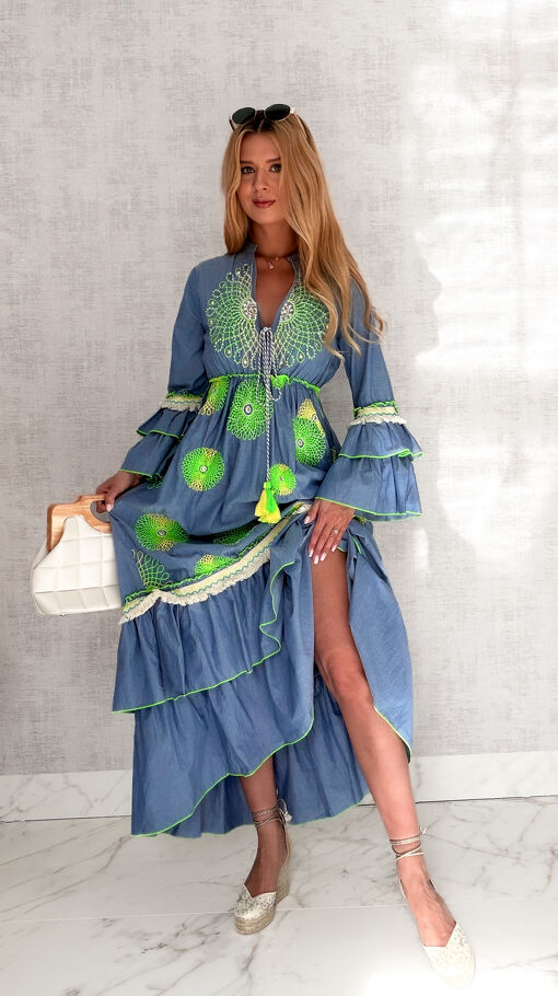 MAXI sukienka w stylu boho z zielonymi haftami 100% bawełna - S167A