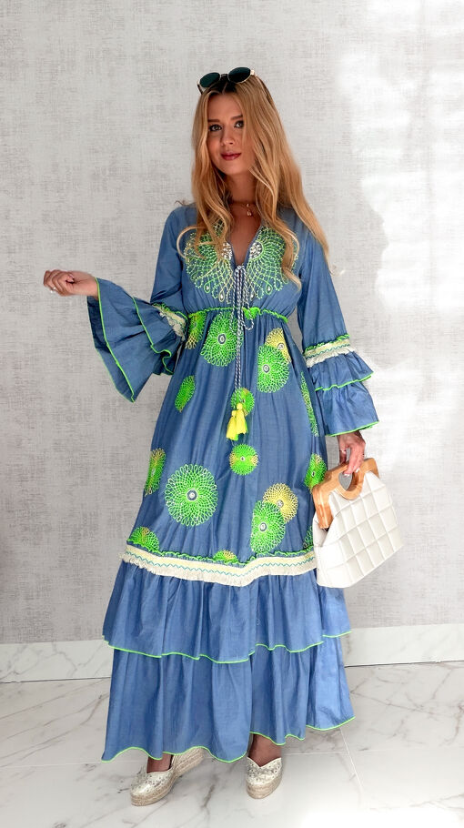 MAXI sukienka w stylu boho z zielonymi haftami 100% bawełna - S167A