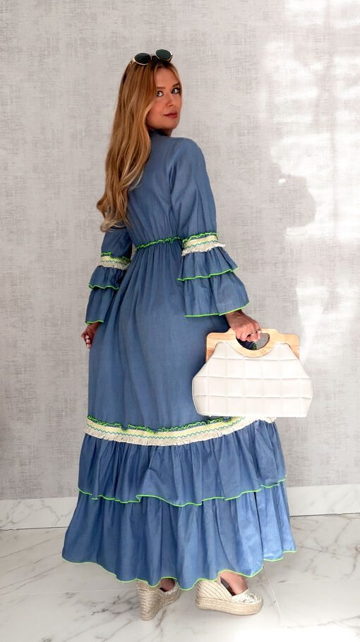 MAXI sukienka w stylu boho z zielonymi haftami 100% bawełna - S167A