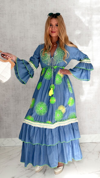 MAXI sukienka w stylu boho z zielonymi haftami 100% bawełna - S167A
