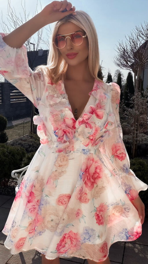 Elegancka sukienka w malowane kwiaty z pięknym dekoltem - R778