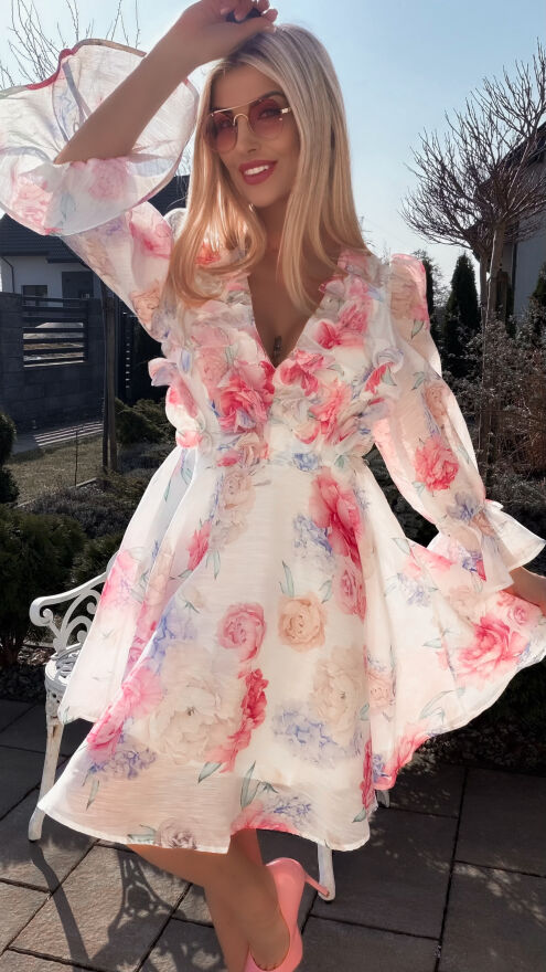 Elegancka sukienka w malowane kwiaty z pięknym dekoltem - R778